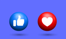 3d Like And Love Icon Button. Thumbs Up And Heart Flat Icon In Modern 3d Circle Shapes , Social Media Notification Icons. Emoji Post Reactions Set. Vector Illustration