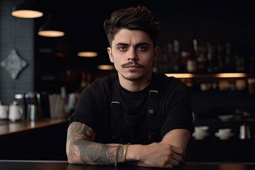 Portrait of a handsome barista in black t - shirt and apron in modern cafe. Ai generative.