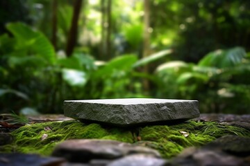 old wood and stone bench mockup forest background platform