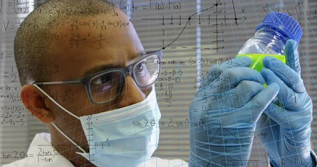 Poster - Animation of biracial scientist in face mask and data processing