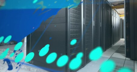 Poster - Animation of data processing over world map against computer server room