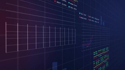 Poster - Animation of statistical and stock market data processing against purple gradient background