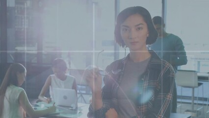Poster - Animation of data processing against asian woman removing her glasses at office