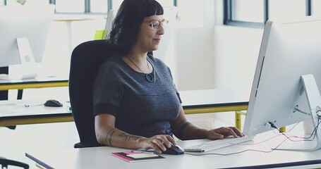Aufkleber - Computer, research or portrait of programmer woman for cybersecurity, app coding or data analysis in office. Hacker, developer or employee on tech for software code, programming or startup analytics.