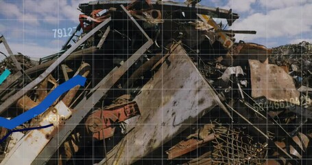 Poster - Animation of stock market data processing against hydraulic lifting machine operating at junkyard