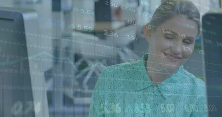 Poster - Animation of stock market data processing against caucasian woman smiling while working at office