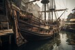 Old vessel docking at a medieval harbor. Generative AI