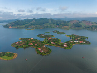 aerial view of cam son lake, luc ngan landscape, bac giang, vietnam