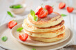 Yummy and fresh american pancakes for summer breakfast.