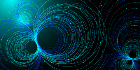 Technological background, neural networks, big data, artificial intelligence. Chaotically flying circles and dots on a blue background. Vector background