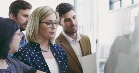 Aufkleber - Leadership, teamwork or woman planning on board company vision, mission or goal for KPI growth in meeting. Diversity, networking or business people for marketing agenda, schedule or calendar review