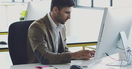 Fototapete - Computer, research or programmer man typing for cybersecurity, app coding or data analysis in office. Hacker, developer or employee on tech for software code, programming or startup analytics review.