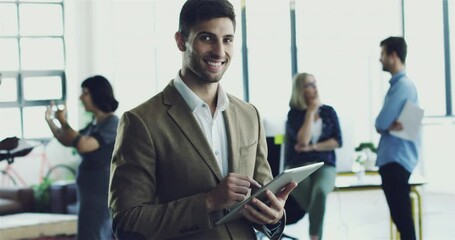 Fototapete - Happy, smile and face of businessman with tablet in office for research, planning and website. Social media, contact and email with portrait of employee for digital marketing, innovation or strategy