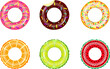 Colorful rubber swim rings set for water floating. Swimming circle lifesaver collection for child safe. Rubber rings. Swimming ring rubber toy realistic icons. Isolated on white background. top view.