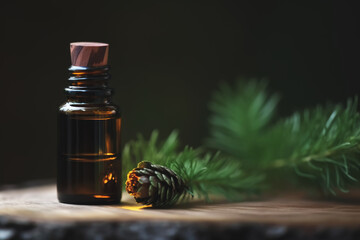 Cedar wood essential oil in a small brown glass bottle next to a branch of cedar and conifer on a dark wooden background with copy space for text. Selective focus. Generative AI.