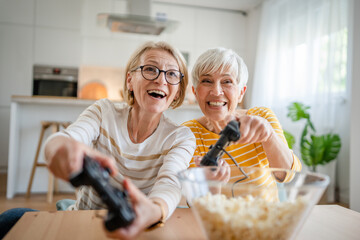 Two senior women caucasian friends or sisters play console video game