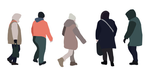 Set of drawings of women on the street in winter clothes. 2D image for use as an entourage. Vector flat city infographics.