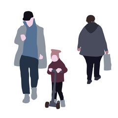 Wall Mural - Set of drawings of women on the street in winter clothes. 2D image for use as an entourage. Vector flat city infographics.