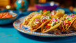 Close up traditional Mexican tacos with meat and vegetables on plate with mexican national ornament on blue table. National mexican cuisine.  Generative ai