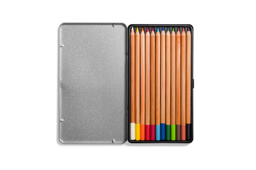 Wall Mural - Set of colored pencils for artists in a metal box isolated on a transparent background, PNG. High resolution.