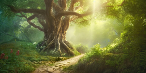Wall Mural - path in beautiful fairy tale forest in summer day, fantasy landscape