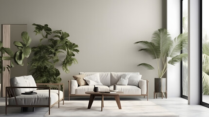 modern living room interior with beige wall, gray and wooden furniture and tropical plants with palm leaves, 3d rendering