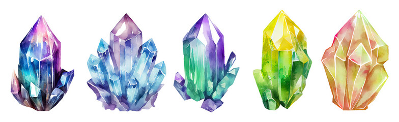 Watercolor Gems collection. Semiprecious crystals. Mystical illustration isolated on white background