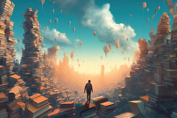 Many stacks of books fall from the sky onto the city like a rain, people walking, fantasric city, concept of education and reading, bookworm, AI Generative.