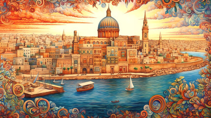 Illustration of beautiful view of Valletta, Malta