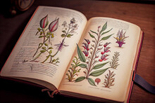 A Vintage Scientific Drawing Of Plants In An Old Book, Generative Ai