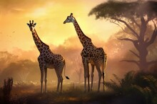Giraffe Savannah Sunset. Generate Ai