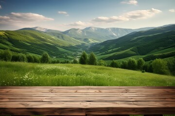 Wall Mural - Table landscape green mountains. Generate Ai