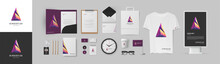 Multicolor Gradient Triangle Logo And Corporate Style Mega Pack. Corporate Branding Template With Color Minimal Logo And Folder, Business Card, Envelope And Street Lightbox. Stationery Mockup.