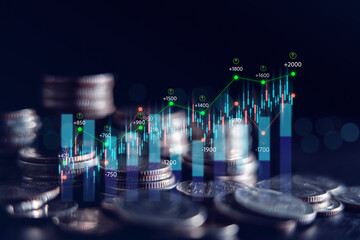 Wall Mural - Business finance and investment concept, Capital gain world money economic growth. coin stack financial graph chart, market report on cash currency concept.