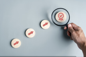 Aufkleber - Step to Quality Standard approved Assurance or QA and Quality Control or QC and improvement. Standardization. certification. Compliance to regulations service and standards.