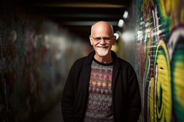 Poster - Medium shot portrait photography of a grinning man in his 60s wearing a cozy sweater against a graffiti tunnel or underpass background. Generative AI