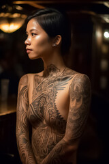 Wall Mural - A tattoo Asian model with intricate Dayak inspired body art poses in front of a dark background, evoking a sense of tribal mystery and allure. generative AI