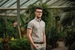 © Robert MEYNER - Portrait of a handsome young man with glasses standing in a greenhouse