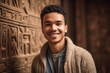 Group portrait photography of a grinning man in his 30s wearing a cozy sweater against an ancient egyptian or hieroglyphics background. Generative AI