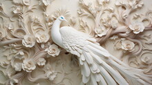 White Carved Relief Art Sculpture With Peacock On Branch  And Roses, Ornate Decorative Wallpaper Made With Generative Ai