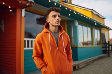 Wall Mural - Handsome young man in an orange hoodie is standing on the street.