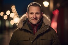 Group Portrait Photography Of A Grinning Man In His 40s Wearing A Warm Parka Against A Christmas Or Holiday Themed Background. Generative AI