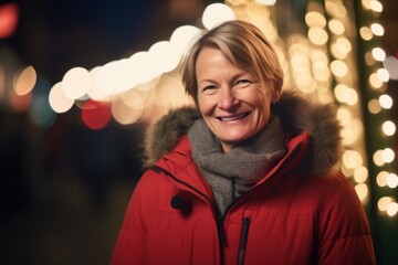 Canvas Print - Portrait of smiling senior woman in red jacket at christmas market