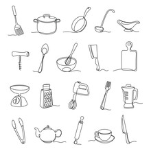 One Line Kitchen Tools. Minimalistic Cooking Equipment Continued Lines, Chefs Utensil And Culinary Gear Vector Set