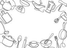 Continuous One Line Kitchen Frame. Cooking Utensils Banner Template, Culinary Gear And Chefs Tools Hand Drawn Vector Illustration
