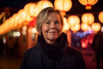 Canvas Print - Pet portrait photography of a pleased woman in her 50s wearing a versatile overcoat against a floating lanterns or light festival background. Generative AI