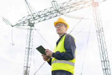 Poster - Engineer with digital tablet on a background of power line tower.