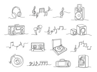 Wall Mural - Continuous one line music illustrations. Linear headphones, audio speakers and scribble hand drawn notes vector set