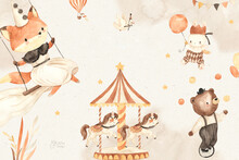 Vintage Circus Watercolor Template For Nursery, Baby Shower, Invitation For Birthday Party