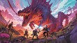 © X-Poser - A group of warriors battling a dragon in a sci-fi landscape. Fantasy concept , Illustration painting. Generative AI
